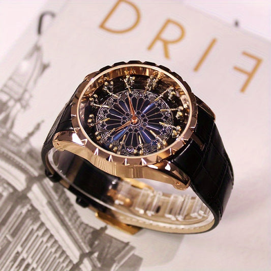 1pc/Set Men'S Rose Black PU Belt Party Style Novel Round Table Twelve Knight Quartz Watch Gift Box Set, Christmas