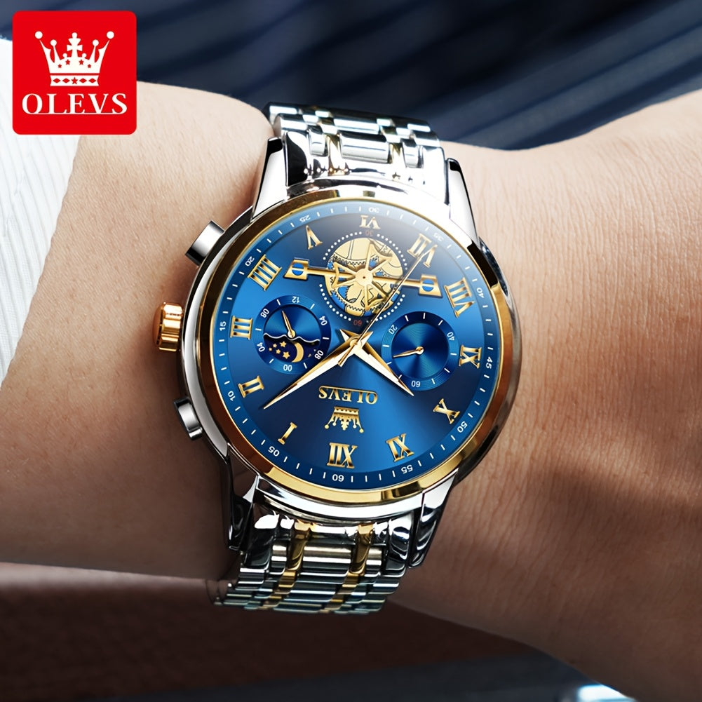 [Luxury Men's Watch] OLEVS Luxury Men's Business Watch | Stainless Steel, Blue Dial, Golden Markers, Moon Phase Indicator, Luminous Hands, Quartz Movement, Roman Numerals & Crown Detailing | Versatile Wristwatch for Formal &