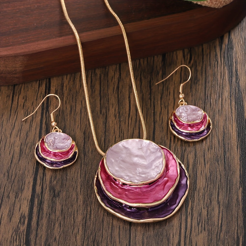 Bohemian Three-layer Circular Zinc Alloy Golden Enamel Jewelry Set, Cute And Elegant For Ladies, Girlfriends, Holiday Parties, Necklace And Earrings Set