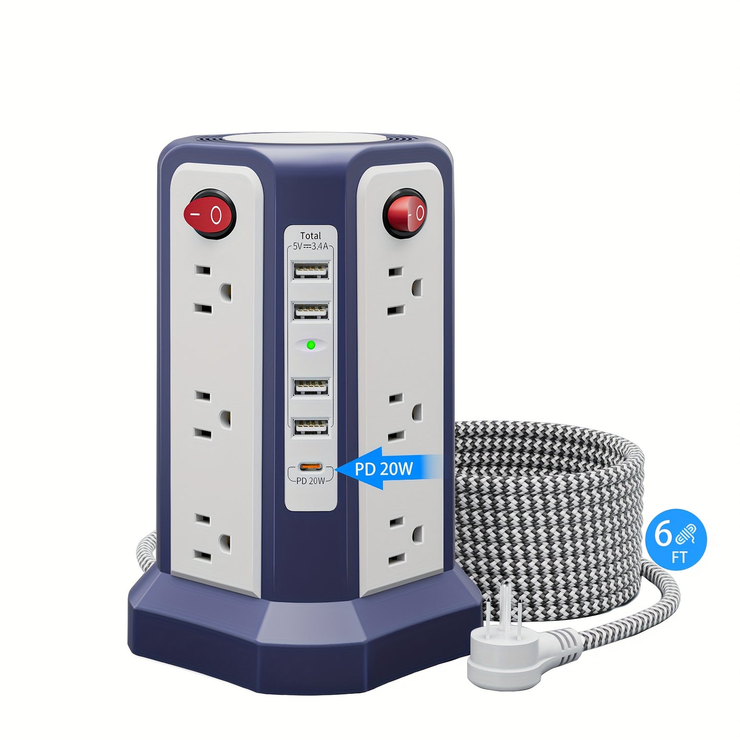 LEVEL 4 Upgraded New Product Flat Plug 16 AC Outlets Power Strip Tower with USB/USB C Port, Surge Protector Power Tower with 5 USB Charging Ports, Extension Cord Desktop Power Strip