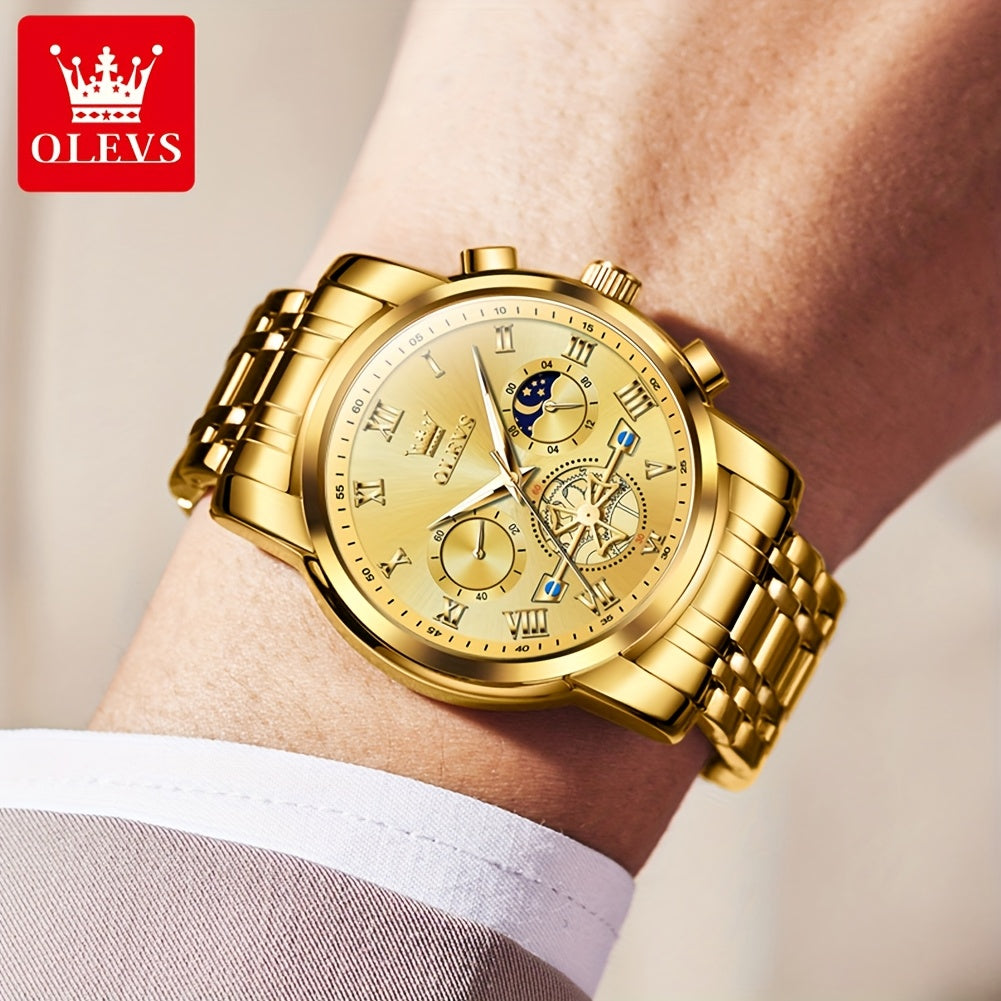 [Luxury Men's Watch] OLEVS Luxury Men's Business Watch | Stainless Steel, Blue Dial, Golden Markers, Moon Phase Indicator, Luminous Hands, Quartz Movement, Roman Numerals & Crown Detailing | Versatile Wristwatch for Formal &