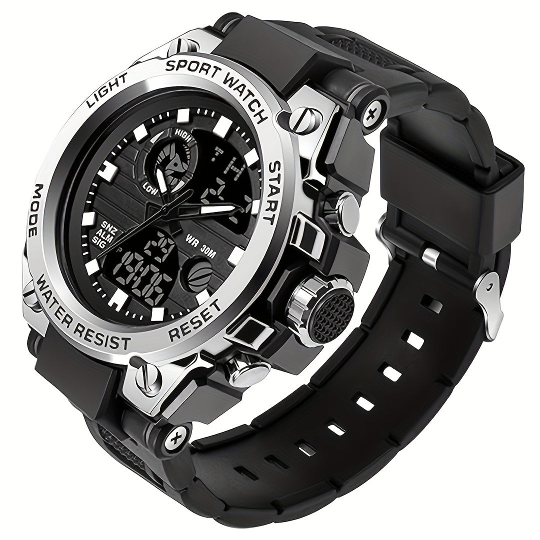 Rugged Men's LED Digital & Analog Sports Watch - to 30m, Stopwatch, Dual Display, Durable Black Resin Band, Zinc Alloy Case, for Outdoor Adventures