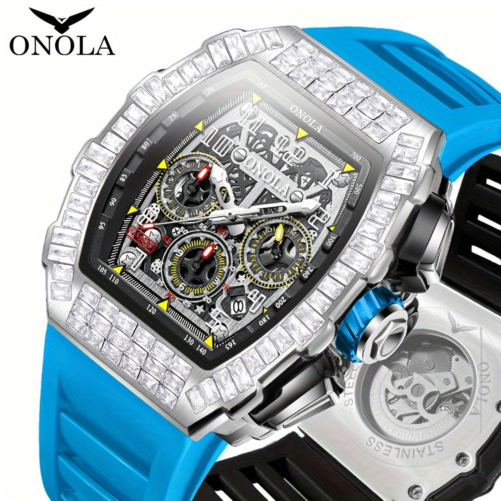 ONOLA Brand Men'S Automatic Mechanical Watch, Barrel Shape Hollow Tourbillon, Date Display, High-quality 3ATM Waterproof, Suitable For Casual And Formal Occasions, Daily Wear, Luxurious Sports Watch, Father'S Day Gift, The Be