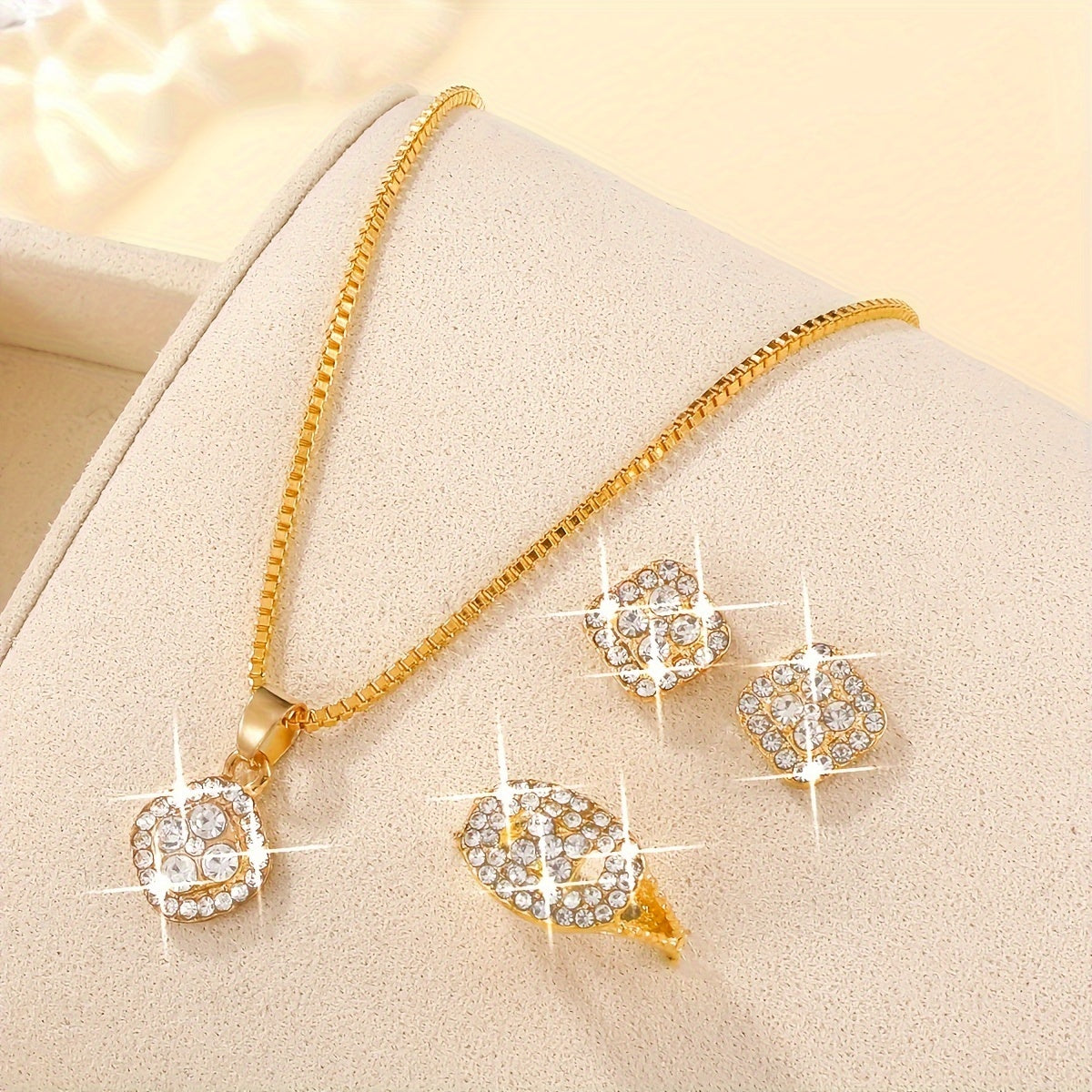 [Minimalist Jewelry] 4PCS Minimalist Women's Fashion Square Jewelry Set | Glass Inlay, Alloy Base, Suitable for Everyday Wear, Perfect for Teacher's Day/Back to School/Graduation Season