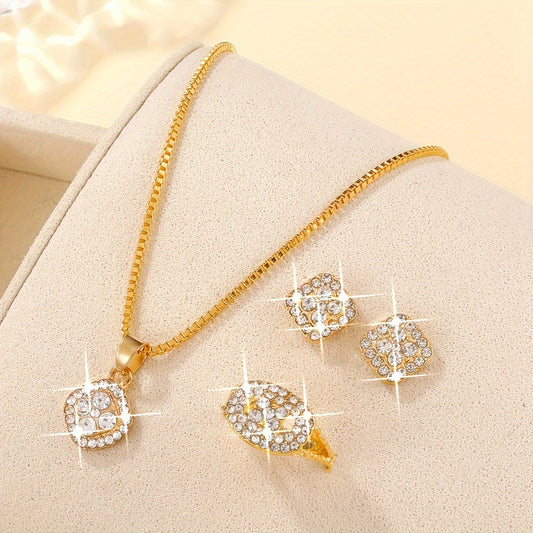 [Minimalist Jewelry] 4PCS Minimalist Women's Fashion Square Jewelry Set | Glass Inlay, Alloy Base, Suitable for Everyday Wear, Perfect for Teacher's Day/Back to School/Graduation Season