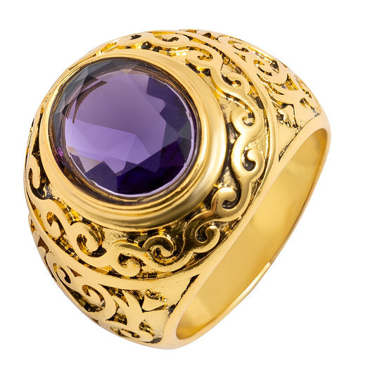 1pc Vintage Carved Floral Ring with Purple Glass Stone - Golden-Tone Intricate Detailing Unisex Wedding Engagement Ring for Men & Women, Timeless Elegance for Casual Attire & Special Occasions, Wedding Ring, Unisex Jewelry, C