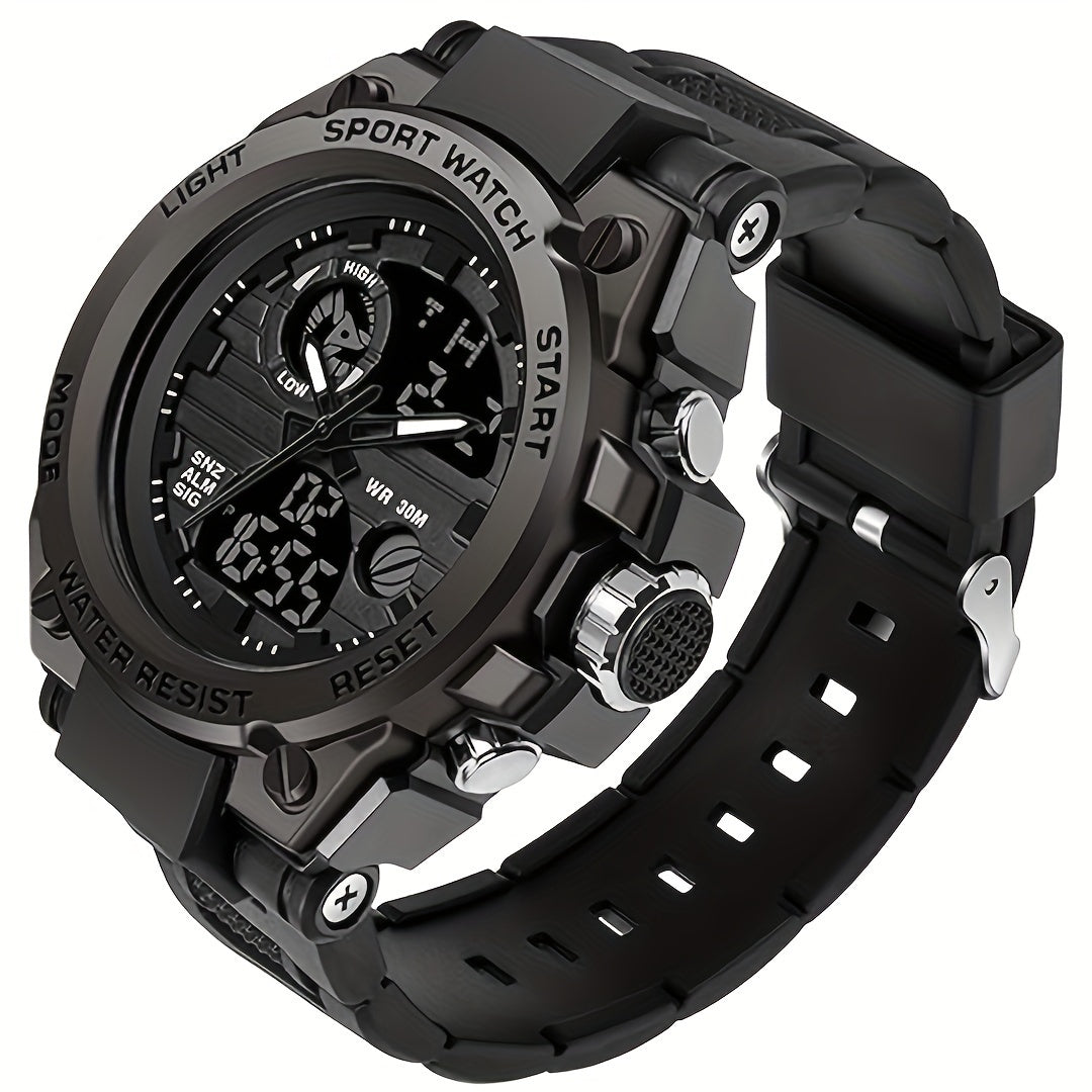 Rugged Men's LED Digital & Analog Sports Watch - to 30m, Stopwatch, Dual Display, Durable Black Resin Band, Zinc Alloy Case, for Outdoor Adventures