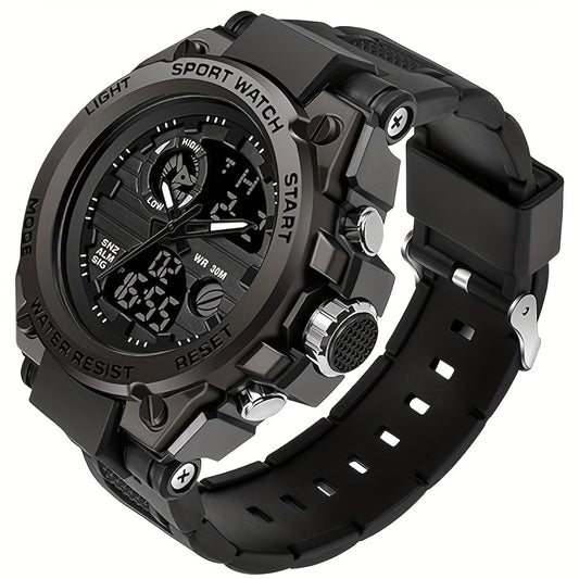 Rugged Men's LED Digital & Analog Sports Watch - to 30m, Stopwatch, Dual Display, Durable Black Resin Band, Zinc Alloy Case, for Outdoor Adventures