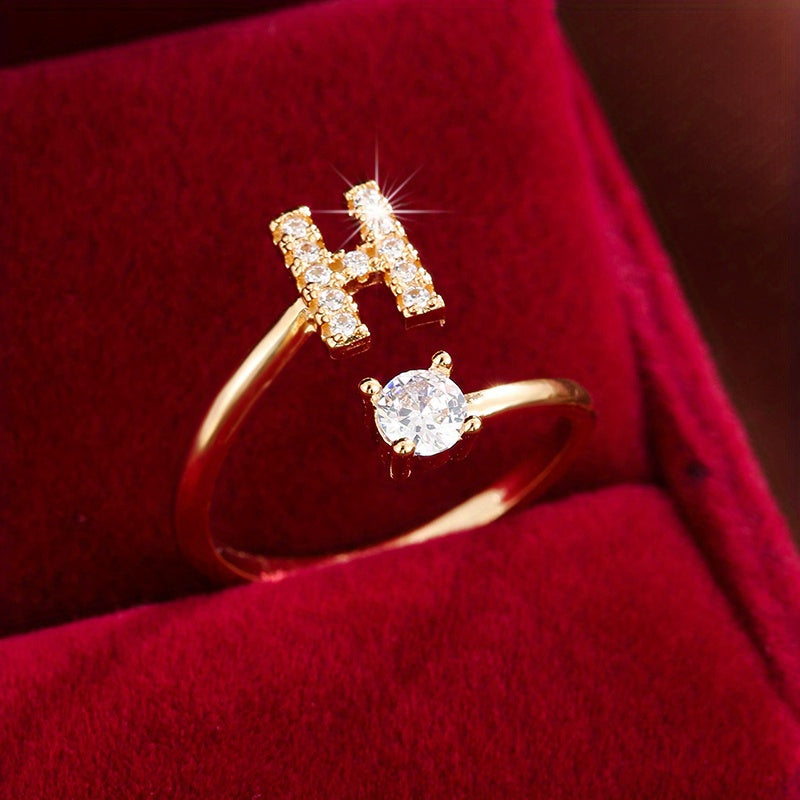 [Copper Fashion Ring] Four-claw Round Zirconia Adjustable Copper Ring With 26 English Letters