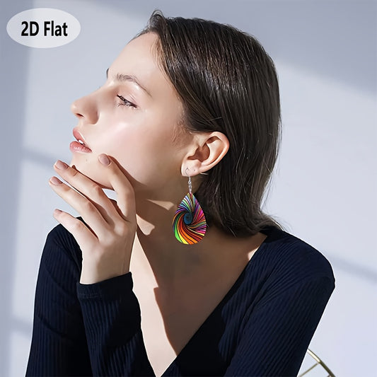 2D Flat - 1 Pair Bohemian Style Colorful Vortex Women'S Earrings with Dizzying Design and Faux Leather Pendant, 2D Flat