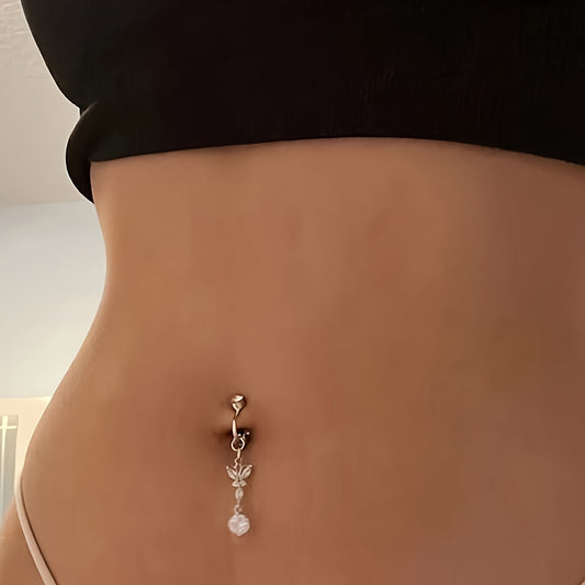 Zinc Alloy Butterfly Clip-On Fake Belly Button Ring - Elegant & Sexy Non-Piercing Jewelry with Cubic Zirconia Accents - Perfect for Daily Wear & Parties