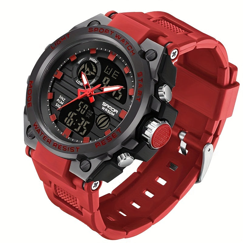 Rugged Men's LED Digital & Analog Sports Watch - to 30m, Stopwatch, Dual Display, Durable Black Resin Band, Zinc Alloy Case, for Outdoor Adventures