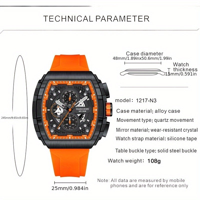 H Men Wristwatches, High-Accuracy Quartz Movement, Silicone Band,, Multi-Functional Design, Men's Dress Watches