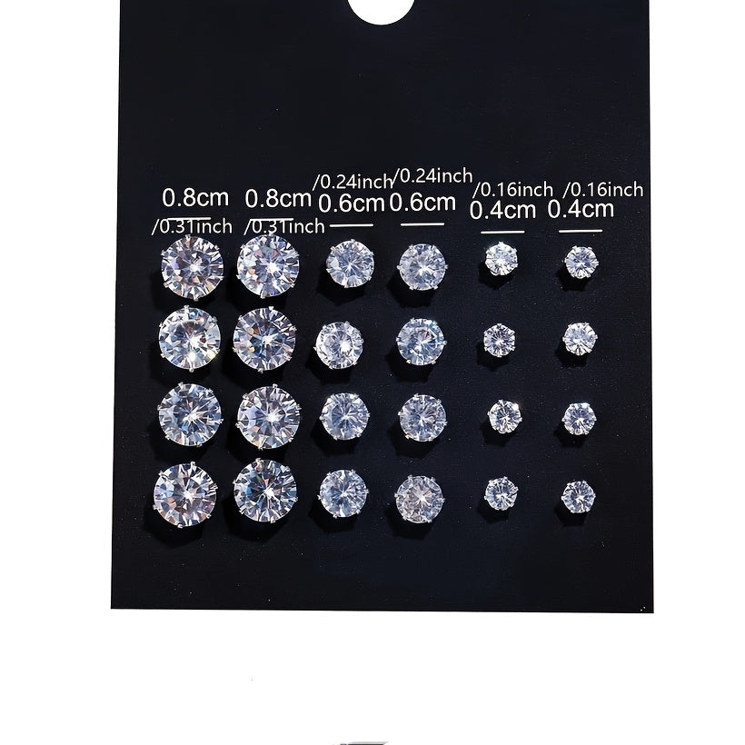 12 Pairs Stainless Steel Stud Earrings, Simple and Elegant Zirconia Earrings Set, Versatile for Party and Daily Wear