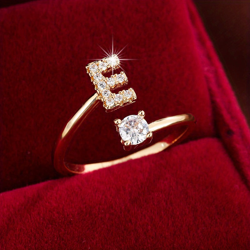 [Copper Fashion Ring] Four-claw Round Zirconia Adjustable Copper Ring With 26 English Letters