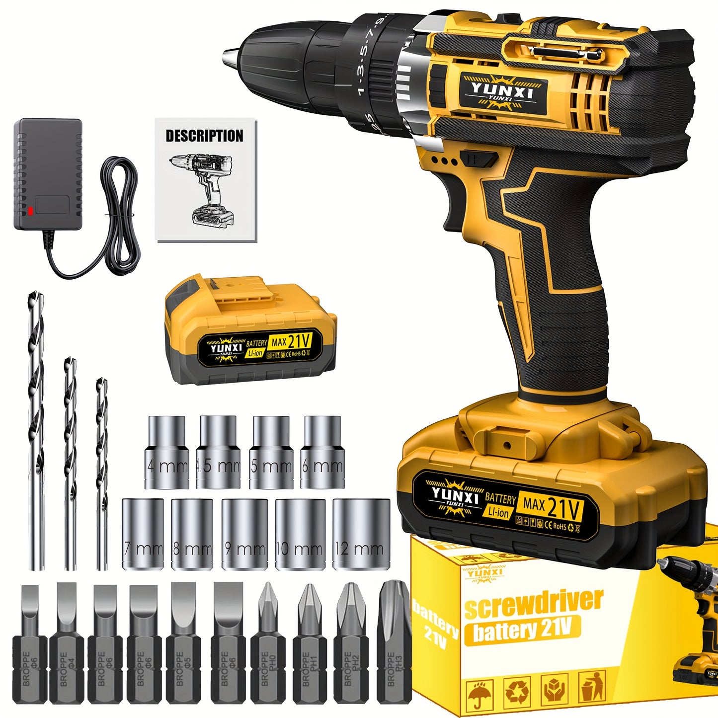 21V Cordless Impact Wrench Wireless Drill Kit, Brushless Electric Impact Gun Drill, Impact Wrench Drill, Equipped With 4000mAh Battery, Toolbox, Charger, Socket And Complete Accessories. Suitable For Men'S Gifts In Cars And H