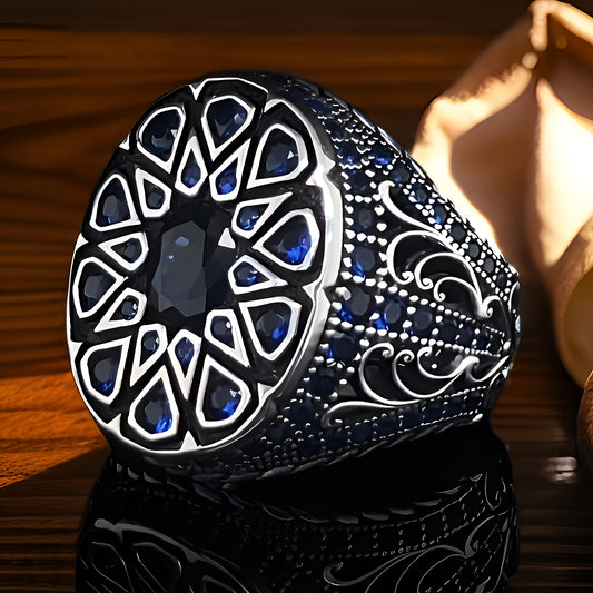 Vintage Blue Craftsman Ring for Men - Fashionable Floral Pattern, Blue & White Engraved Alloy with Synthetic Zirconia Inlay, Perfect for Parties, Graduation, and Business Wear, Graduation Accessory | Floral Pattern Ring | Cra