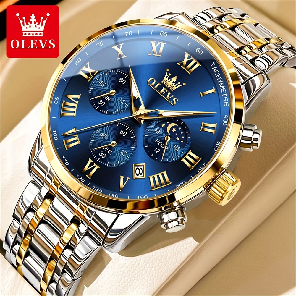 OLEVS Men Watch Stainless Steel Chronograph Roman Numerals Moon Phases Analog Quartz Luxury Dress Watch for Men