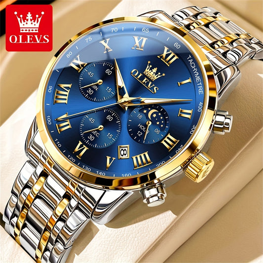 OLEVS Men Watch Stainless Steel Chronograph Roman Numerals Moon Phases Analog Quartz Luxury Dress Watch for Men