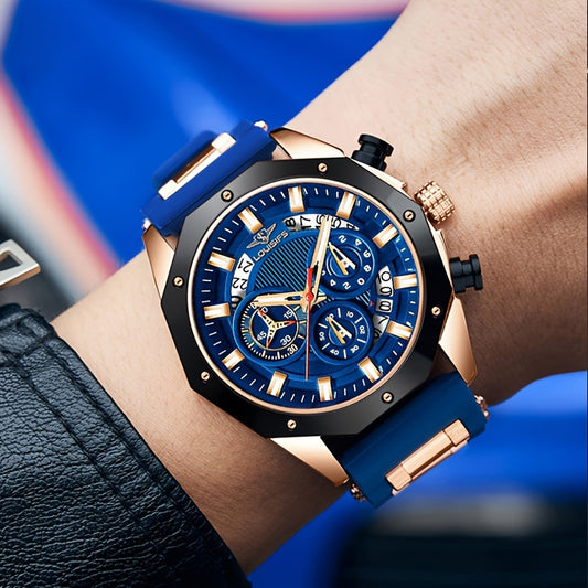 Men's Luxury Watch - Large Dial with Date Window, Quartz Movement, Navy Blue Dial & Golden-Tone Accents, for Business, Formal & Casual Attire - Ideal Gift for Men, Business Wristwatch, Sporty Elegant Design, Textured Strap De