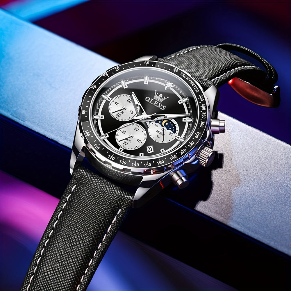 OLEVS Men'S Luxury Watches Blue Leather, Casual Watches for Men, Chronograph Watches Moon Phase Quartz Male Watch Wrist Watch Big Face with Calendar Wristwatch Relojes De Hombre