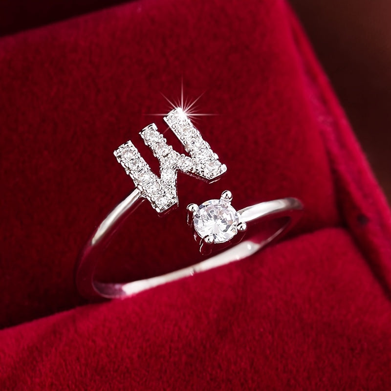 [Copper Fashion Ring] Four-claw Round Zirconia Adjustable Copper Ring With 26 English Letters