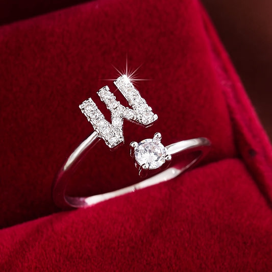 [Copper Fashion Ring] Four-claw Round Zirconia Adjustable Copper Ring With 26 English Letters