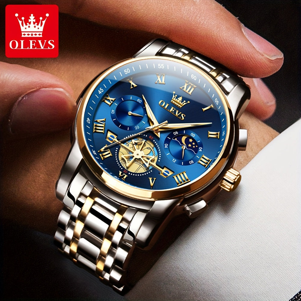 [Luxury Men's Watch] OLEVS Luxury Men's Business Watch | Stainless Steel, Blue Dial, Golden Markers, Moon Phase Indicator, Luminous Hands, Quartz Movement, Roman Numerals & Crown Detailing | Versatile Wristwatch for Formal &