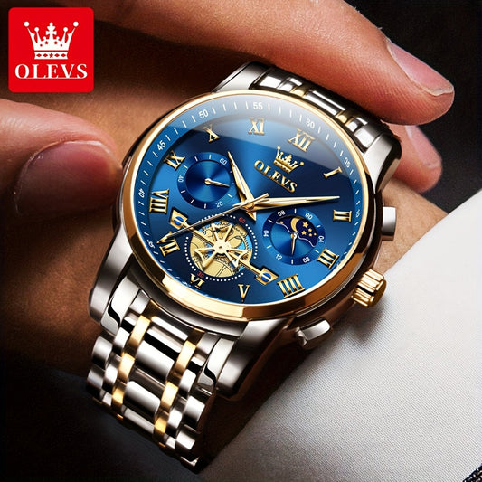 [Luxury Men's Watch] OLEVS Luxury Men's Business Watch | Stainless Steel, Blue Dial, Golden Markers, Moon Phase Indicator, Luminous Hands, Quartz Movement, Roman Numerals & Crown Detailing | Versatile Wristwatch for Formal &