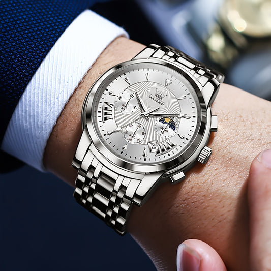 OLEVS Watch for Men Chronograph Stainless Steel Case Analog Quartz Fashion Business Dress Large Face Men Watch Day Date Luminous Waterproof Casual Male Wrist Watch