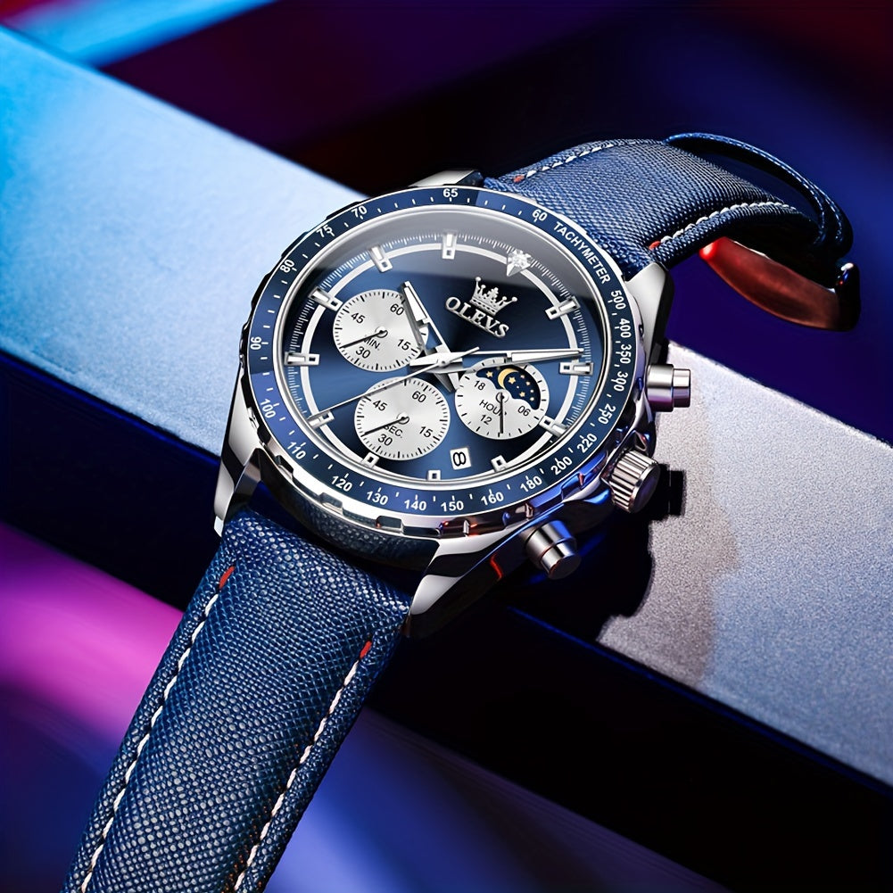 OLEVS Men'S Luxury Watches Blue Leather, Casual Watches for Men, Chronograph Watches Moon Phase Quartz Male Watch Wrist Watch Big Face with Calendar Wristwatch Relojes De Hombre