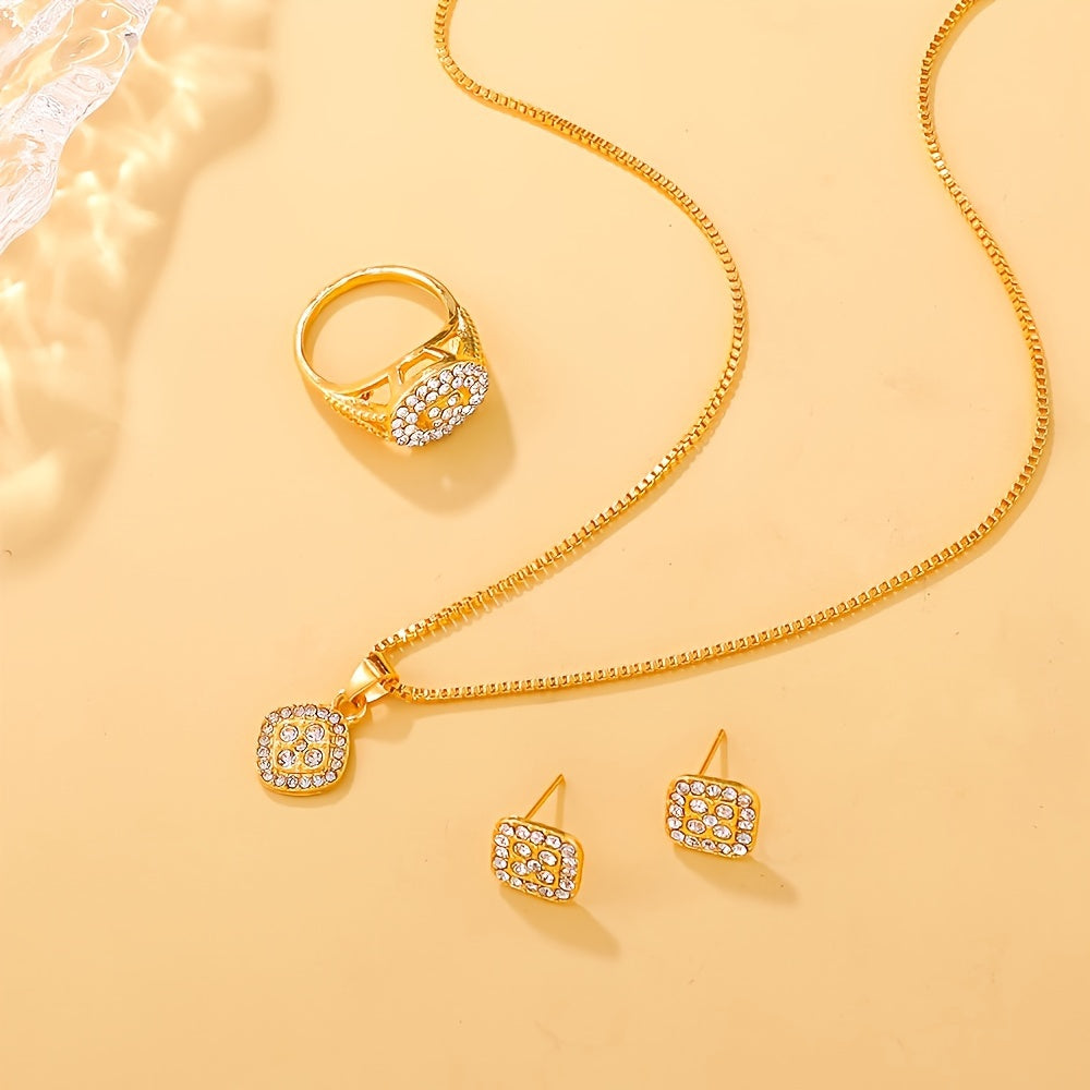 [Minimalist Jewelry] 4PCS Minimalist Women's Fashion Square Jewelry Set | Glass Inlay, Alloy Base, Suitable for Everyday Wear, Perfect for Teacher's Day/Back to School/Graduation Season