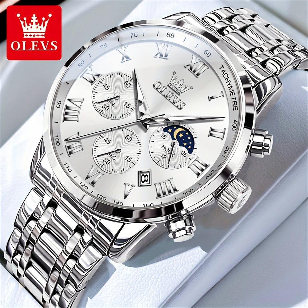 OLEVS Men Watch Stainless Steel Chronograph Roman Numerals Moon Phases Analog Quartz Luxury Dress Watch for Men