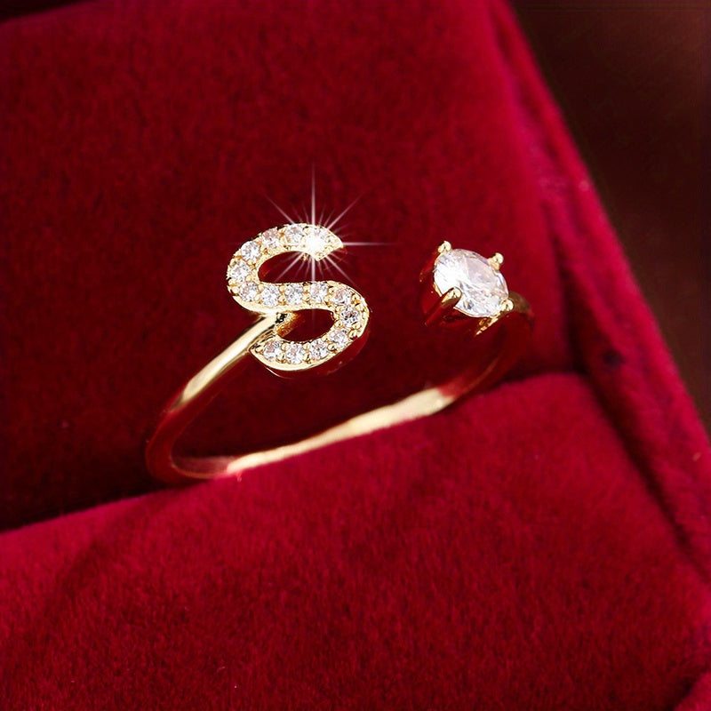 [Copper Fashion Ring] Four-claw Round Zirconia Adjustable Copper Ring With 26 English Letters