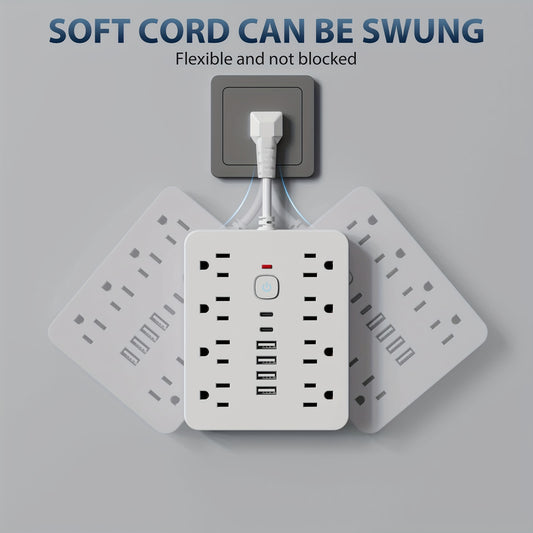 14-in-1 Power Strip Surge Protector with 8AC Outlets, 4USB & 2Type-C Ports | Multi Plug Outlet Expander, USB Wall Plug, Compact Desk Multi-plug Outlet | Flat Plug Design, Space-Saving Extension Cord for Home, Office And Kitch