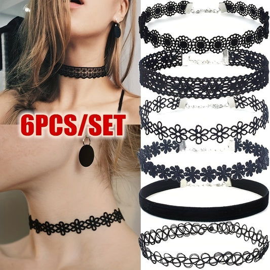 6pcs/Set Adjustable Velvet Rope Choker Necklace, Gothic Sexy Lace Tattoo Style, Synthetic Fiber for Daily & Party Wear, All-Season