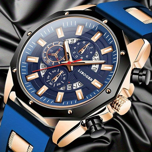 Men's Business Quartz Watch with Date Calendar, Large Blue Dial & Rose Golden Accents - Durable Silicone Strap, High Quality Casual & Formal Wristwatch for Men, Professional Timepiece, Sturdy Construction