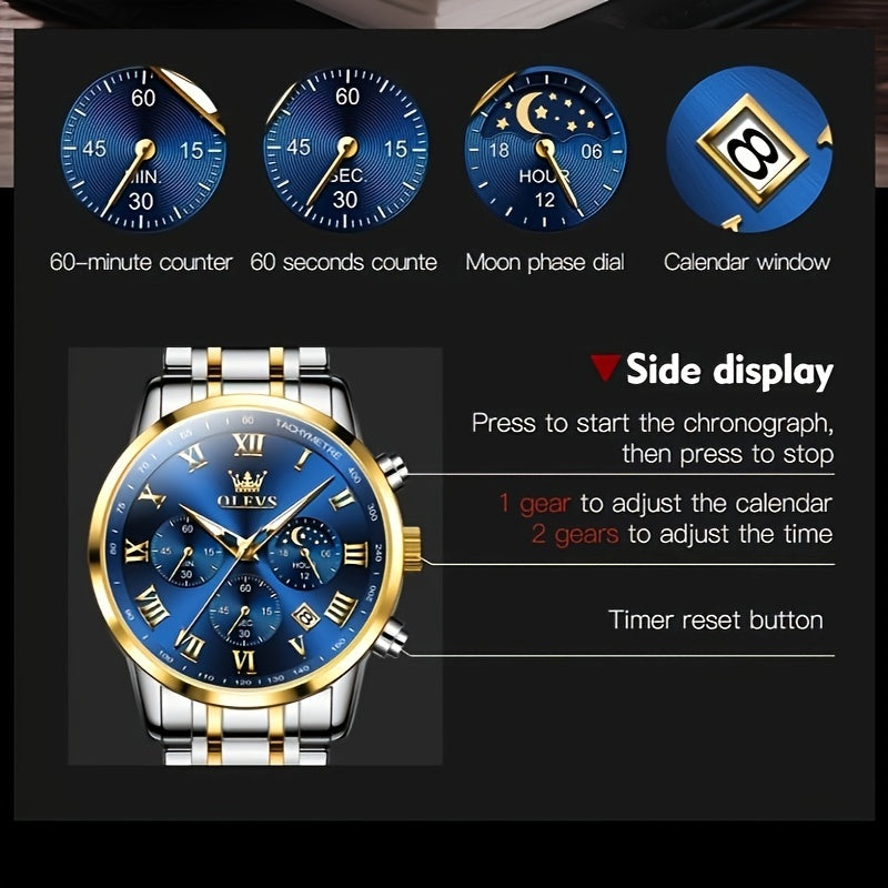 OLEVS Men Watch Stainless Steel Chronograph Roman Numerals Moon Phases Analog Quartz Luxury Dress Watch for Men