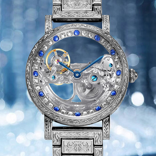 1pc Men's Silvery Steel Strip Fashion Style Gorgeous Carved Set Flywheel Mechanical Watch