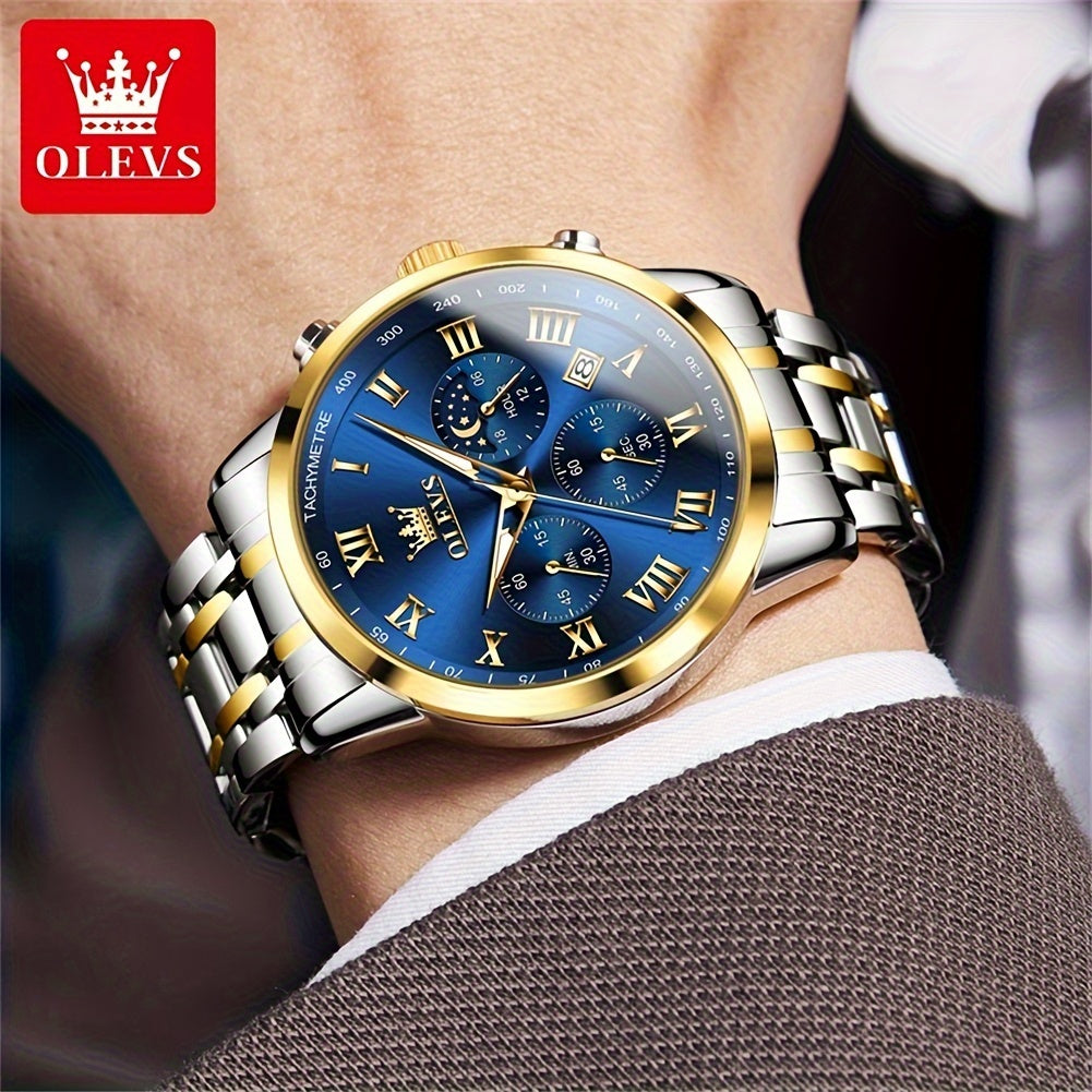 OLEVS Men Watch Stainless Steel Chronograph Roman Numerals Moon Phases Analog Quartz Luxury Dress Watch for Men