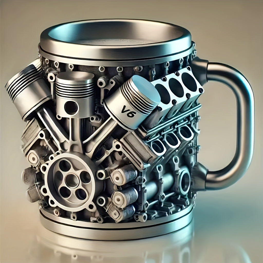 V6 or V8 Engine Beer & Coffee Mug - Heavy-Duty Cup with Piston, Connecting Rods, Valve Covers - Compatible with Automotive Enthusiasts, Mechanics, Car Lovers - Ideal Birthday/Retirement Gift for Men, Unique Gift Item, Detaile
