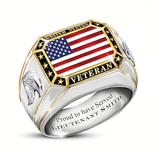 Men's Patriotic American Flag Ring Geometric Square Star & Stripe Design, Punk Hip Hop Rapper Jewelry, Independence Day Military Gift, Anniversary Band for Him