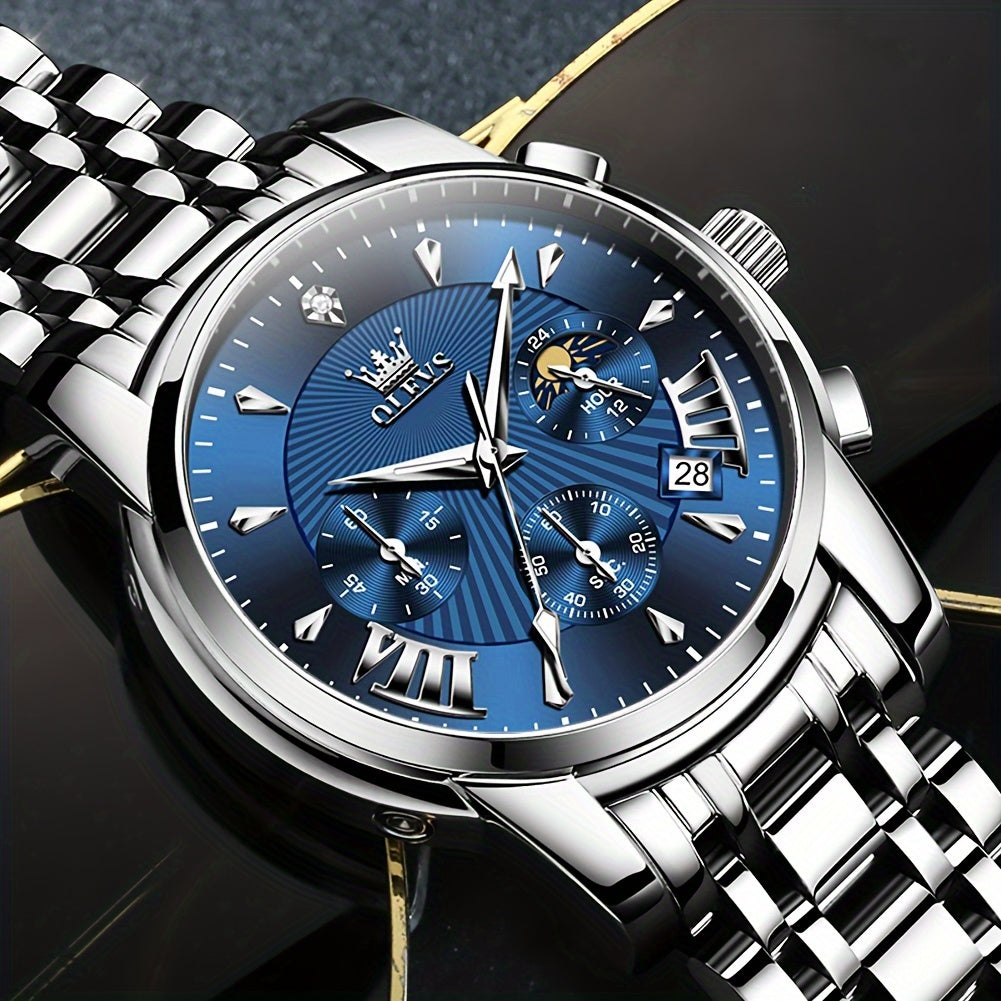 OLEVS Watch for Men Chronograph Stainless Steel Case Analog Quartz Fashion Business Dress Large Face Men Watch Day Date Luminous Waterproof Casual Male Wrist Watch