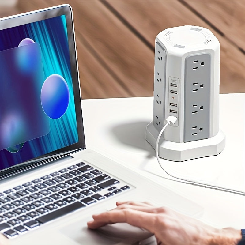 LEVEL 4 Upgraded New Product Flat Plug 16 AC Outlets Power Strip Tower with USB/USB C Port, Surge Protector Power Tower with 5 USB Charging Ports, Extension Cord Desktop Power Strip