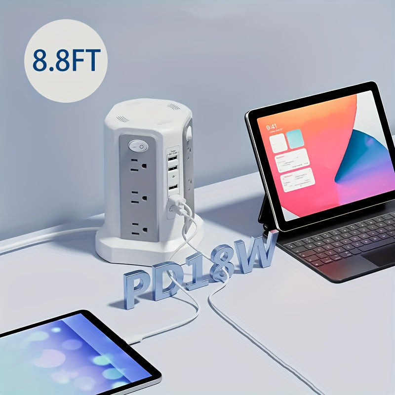 LEVEL 4 Upgraded New Product Flat Plug 16 AC Outlets Power Strip Tower with USB/USB C Port, Surge Protector Power Tower with 5 USB Charging Ports, Extension Cord Desktop Power Strip
