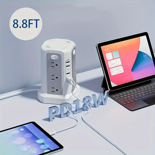 LEVEL 4 Upgraded New Product Flat Plug 16 AC Outlets Power Strip Tower with USB/USB C Port, Surge Protector Power Tower with 5 USB Charging Ports, Extension Cord Desktop Power Strip