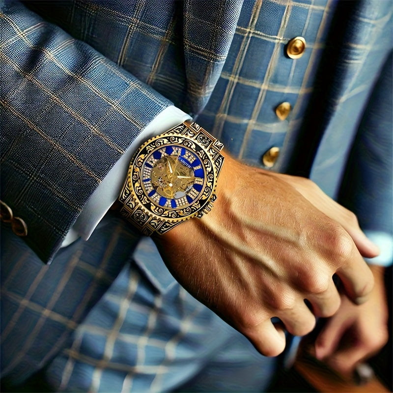 1pc Men'S Red Steel Belt Retro Style Design Novel Fashion Luminous Carved Mechanical Watch