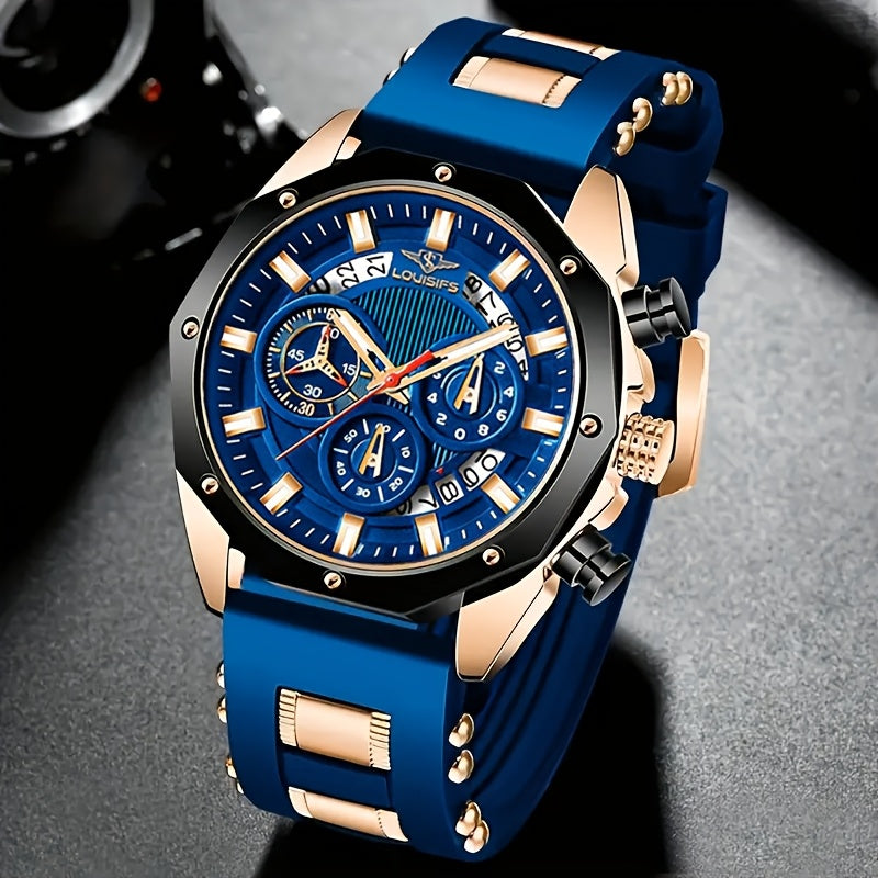 Men's Luxury Watch - Large Dial with Date Window, Quartz Movement, Navy Blue Dial & Golden-Tone Accents, for Business, Formal & Casual Attire - Ideal Gift for Men, Business Wristwatch, Sporty Elegant Design, Textured Strap De