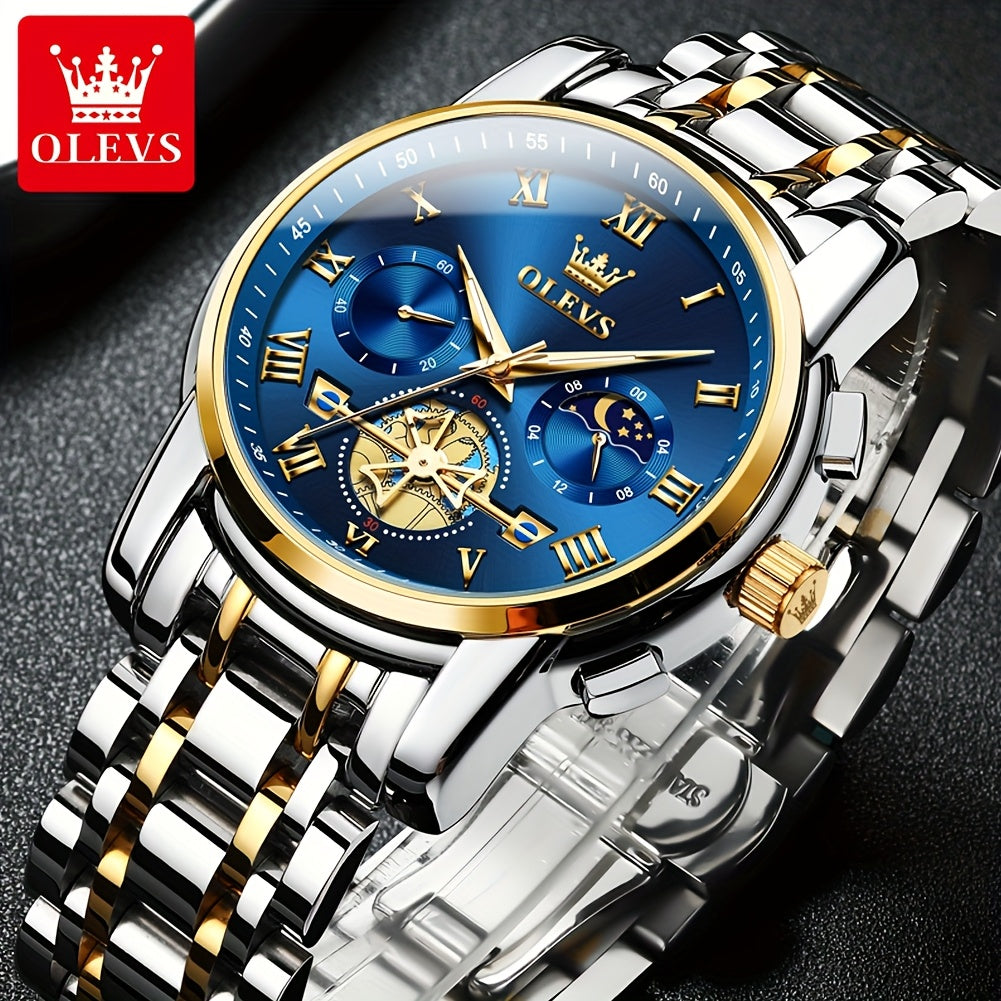 [Luxury Men's Watch] OLEVS Luxury Men's Business Watch | Stainless Steel, Blue Dial, Golden Markers, Moon Phase Indicator, Luminous Hands, Quartz Movement, Roman Numerals & Crown Detailing | Versatile Wristwatch for Formal &