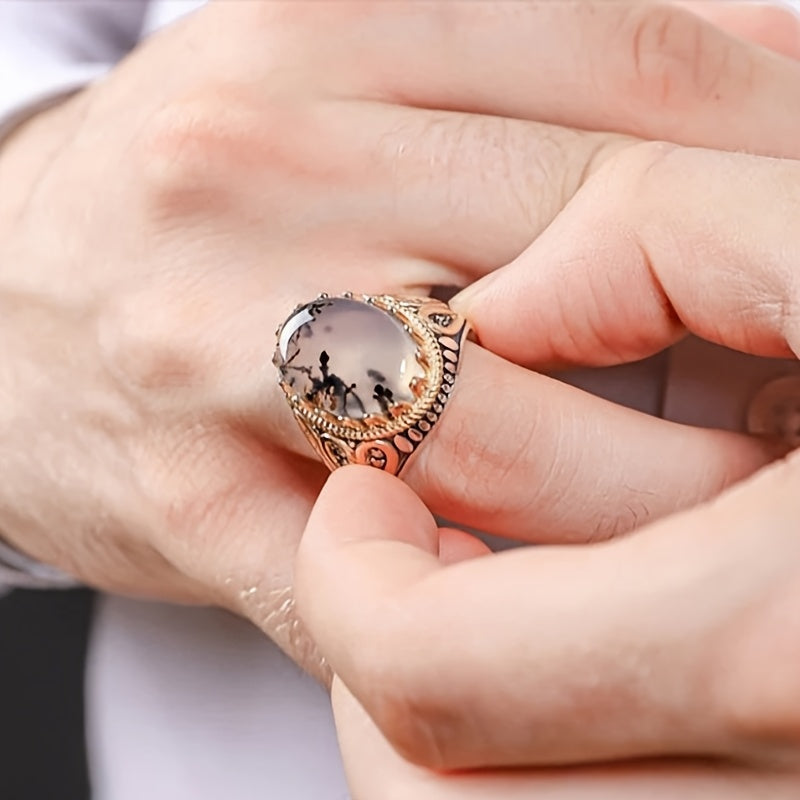 Vintage-Inspired Faux Opal Geometric Ring for Men - Stainless Steel Band with Intricate Design, Perfect for Engagement, Weddings, and Special Occasions, Wedding Ring